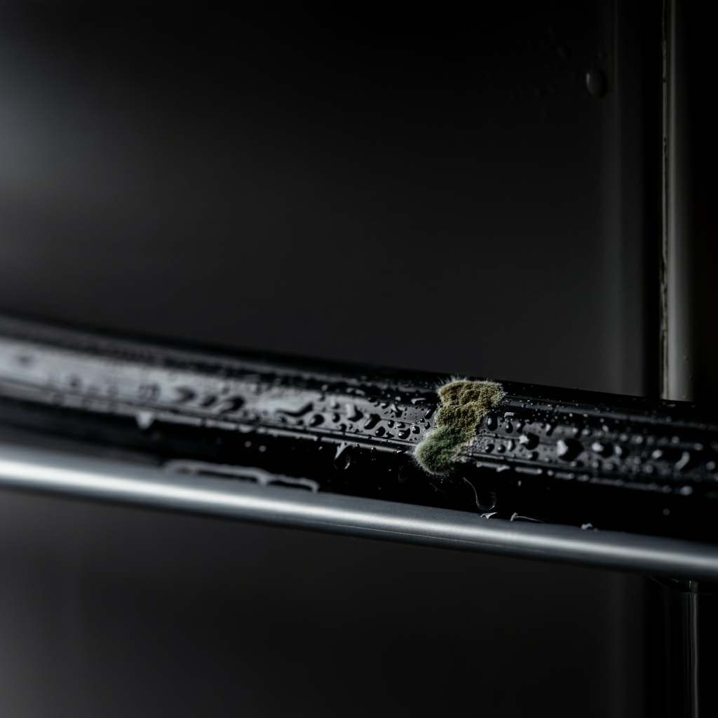 A close-up shot of a refrigerator door seal, showing moisture and slight mold growth, soft focus, highlighting the textured rubber.