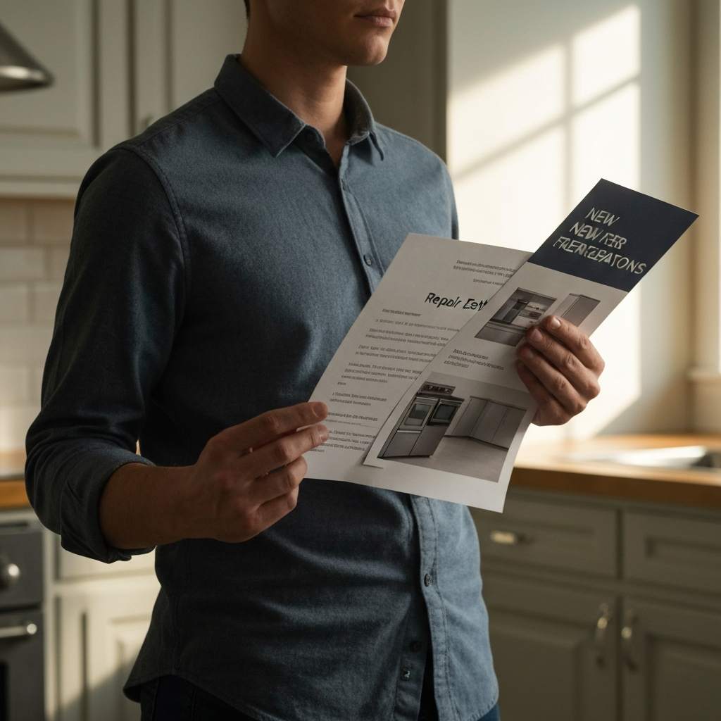 A person is holding a repair estimate in one hand and a brochure for new refrigerators in the other, standing in a kitchen with soft, natural light.