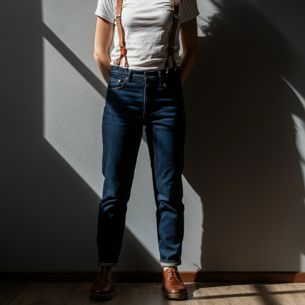 A person stands in a sunlit studio, wearing dark-wash jeans, a white t-shirt, and brown leather suspenders. The background is a blurred grey wall, creating soft bokeh.