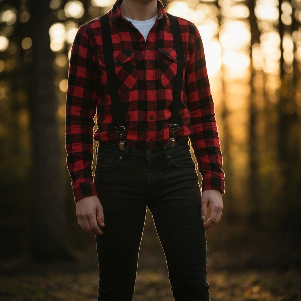 A person stands outdoors in golden hour lighting, wearing a red and black flannel shirt, dark jeans, and black suspenders. The background is a blurred forest scene, with soft sunlight filtering through the trees.