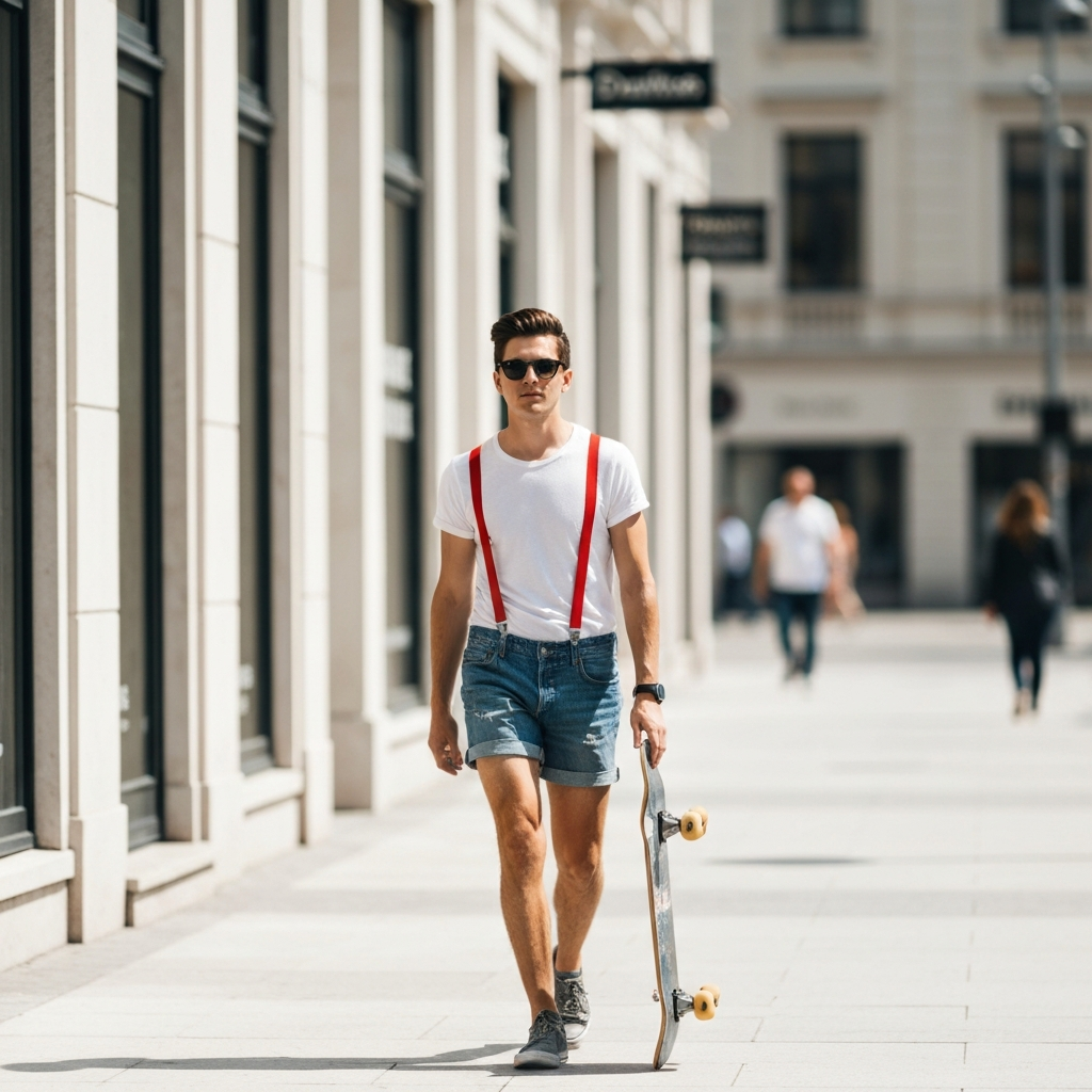 A person walks down a sunny street, wearing denim shorts, a white t-shirt, and red suspenders. They are also wearing sunglasses and carrying a skateboard. The background features blurred storefronts and pedestrians.