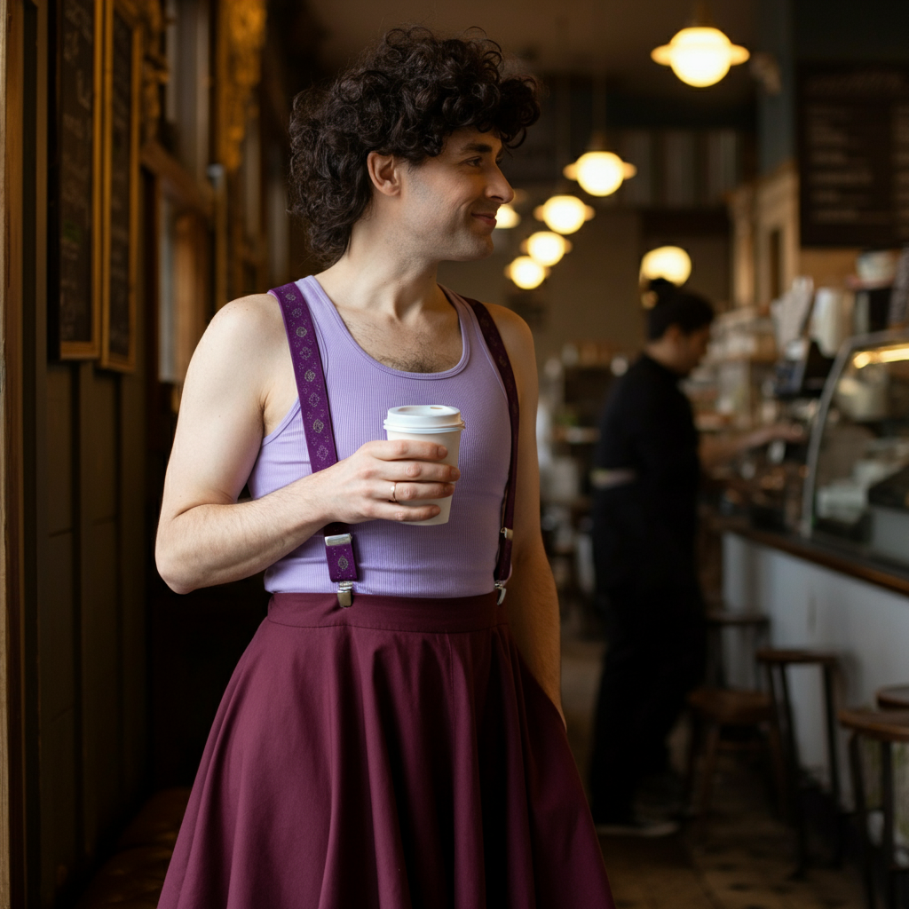 A person stands in a cafe, wearing a plum-colored circle skirt, a lilac tank top, and purple patterned suspenders. They are holding a coffee cup and smiling slightly. The background features soft lighting and blurred details of the cafe interior.
