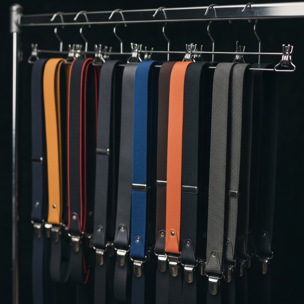 A close-up shot of various suspenders hanging on a rack, showcasing different colors, materials (leather and fabric), and widths. The lighting is bright and even, allowing for clear visibility of the details.