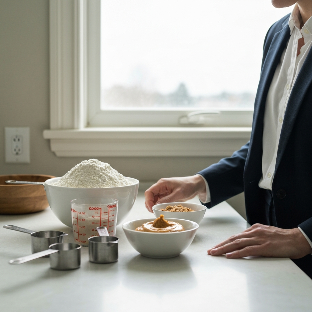 A clean kitchen counter with ingredients for dog treats arranged in measuring cups and bowls. Soft, natural light fills the scene from a nearby window, highlighting the texture of the flour and the smooth surface of the peanut butter.