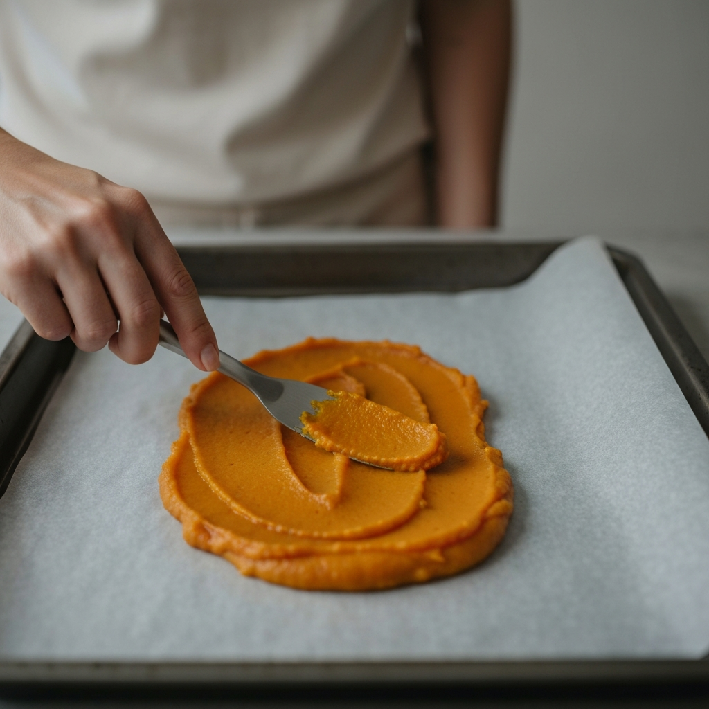 Close-up shot of a hand carefully spreading pumpkin puree onto parchment paper on a baking sheet. The light is diffused, showing the smooth texture of the puree and the slight crinkles in the parchment paper.