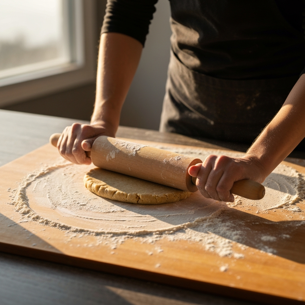 A person rolling out dog treat dough on a lightly floured surface with a rolling pin. Side lighting emphasizes the texture of the dough and the dusting of flour.