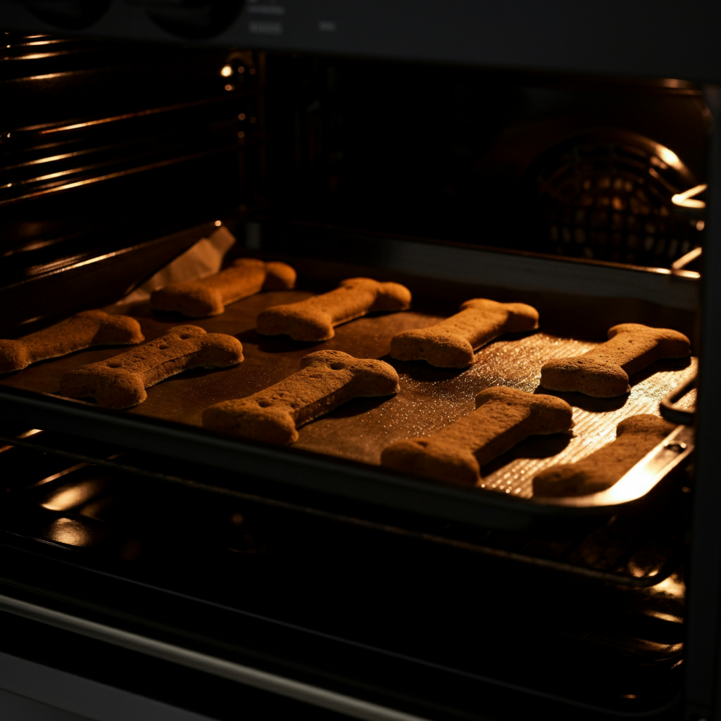 A baking sheet filled with bone-shaped dog treats baking in the oven. Soft golden light from the oven illuminates the treats.