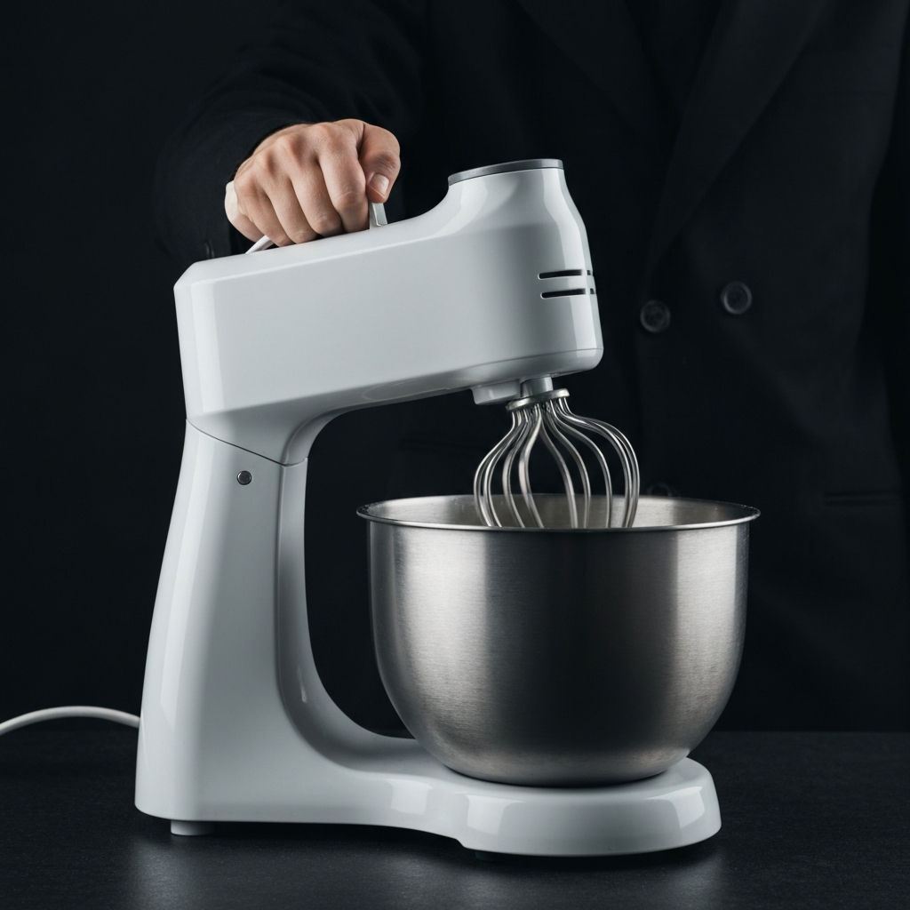 An electric mixer in action, blending ingredients in a large bowl. The shot is slightly blurred to convey movement.