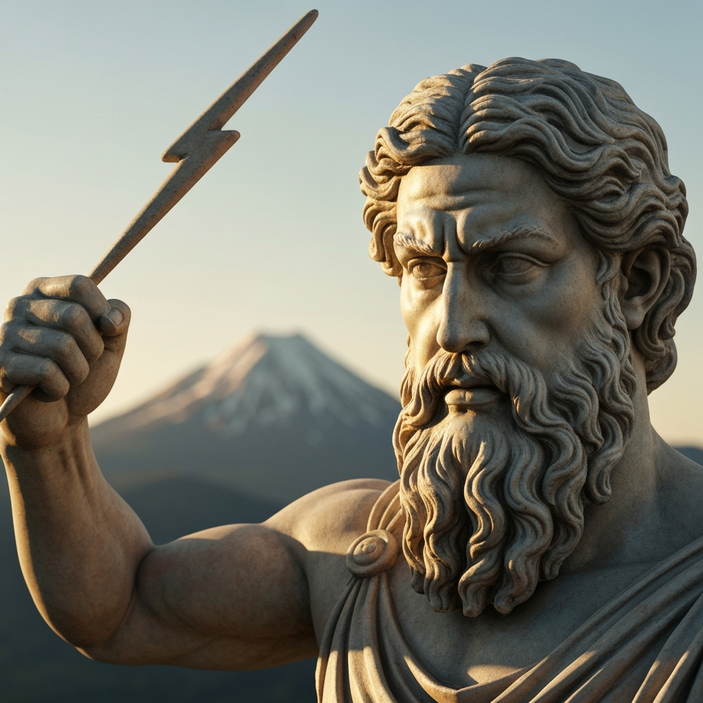 A detailed sculpture of Zeus, his face stern but noble, holding a lightning bolt aloft. The background is a soft, out-of-focus rendering of Mount Olympus, bathed in the golden light of dawn. The sculpture's texture is slightly rough, emphasizing its age and the skill of the artisan.