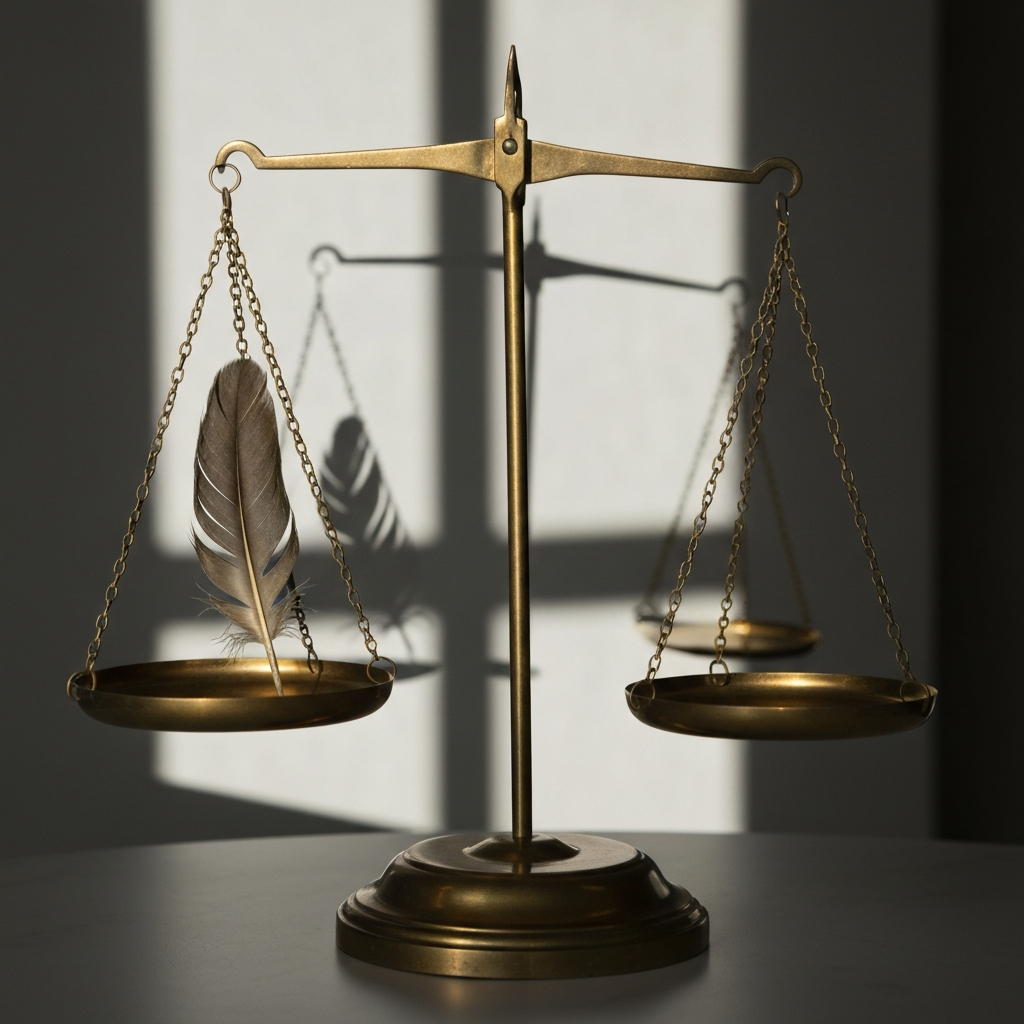 A close-up shot of a golden set of scales, meticulously crafted. One side holds a feather, representing lightness, while the other is empty, suggesting the weight of fate yet to be determined. The lighting is dramatic, casting long shadows across the intricate details of the scales.