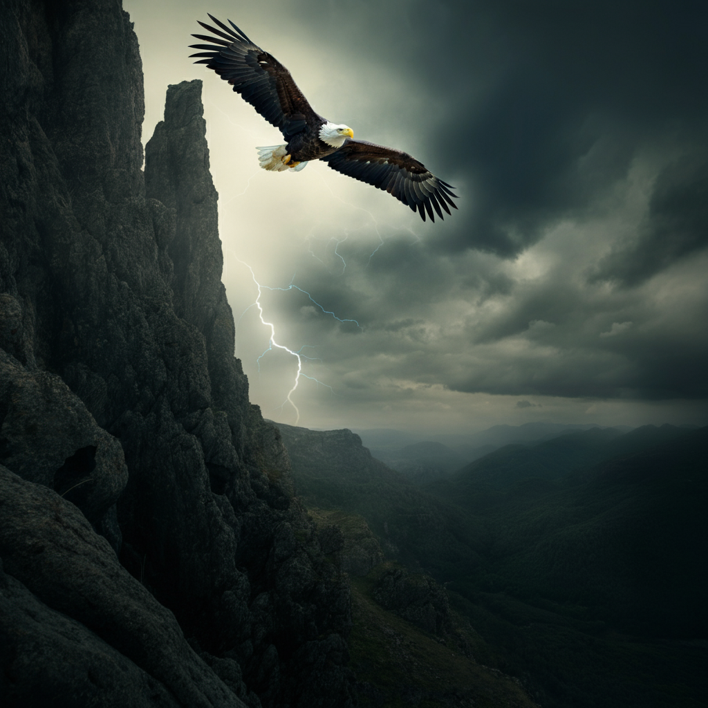 A dramatic landscape featuring jagged cliffs and stormy skies. A single eagle soars overhead, its wings spread wide against the wind. The color palette is dominated by dark blues, grays, and flashes of brilliant white lightning.