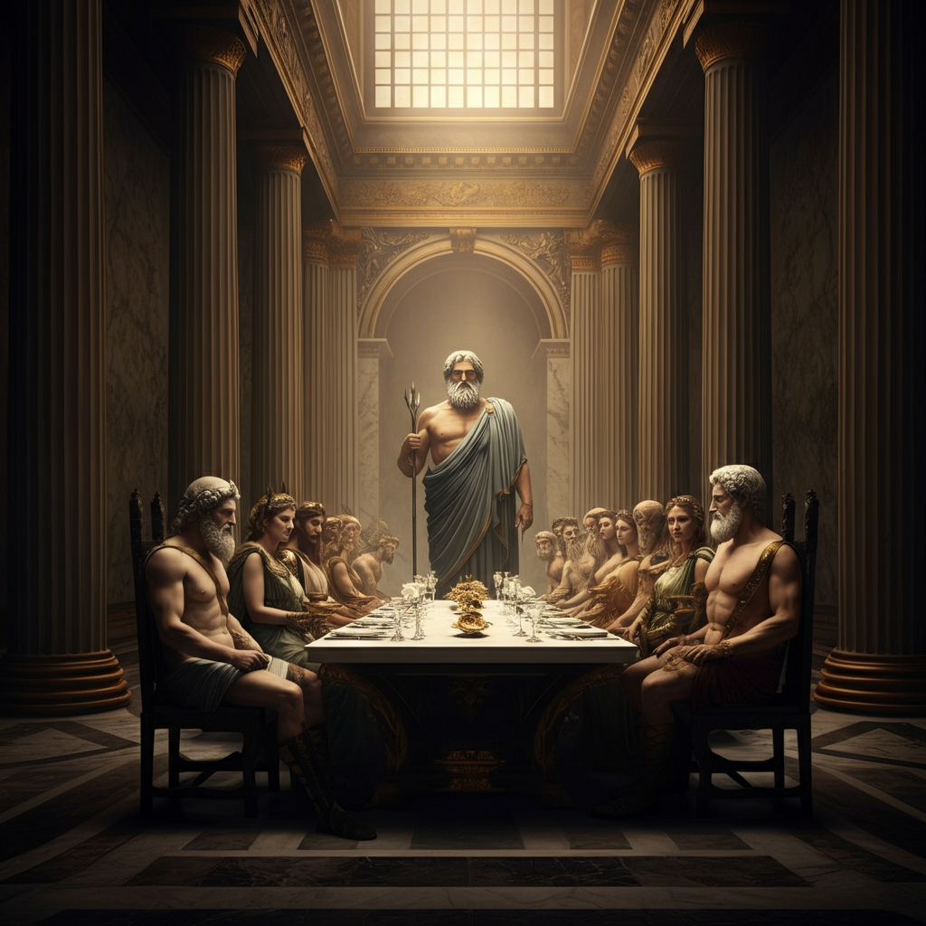 A grand hall on Mount Olympus, filled with gods and goddesses. Zeus stands at the head of a long table, his gaze commanding attention. Soft, diffused light illuminates the scene, highlighting the rich textures of the fabrics and the ornate details of the architecture.
