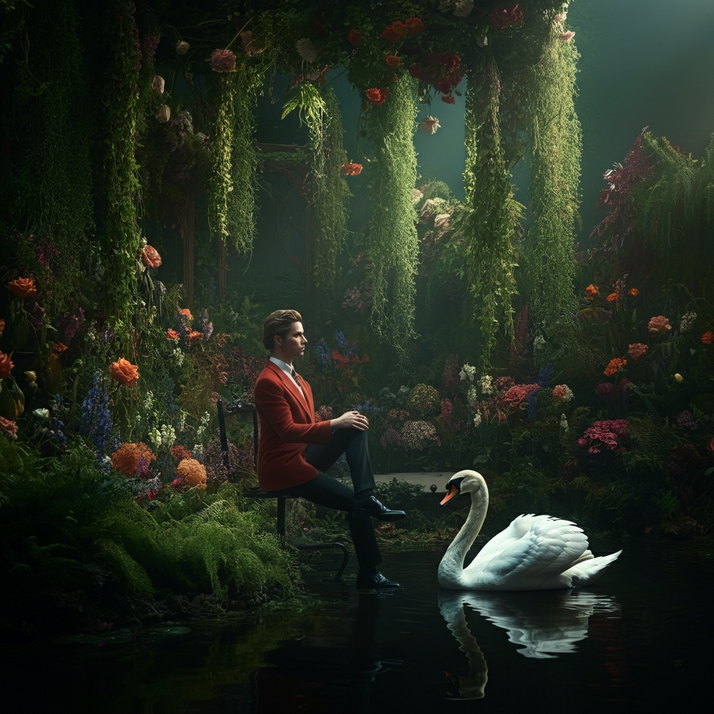 A lush garden filled with blooming flowers and cascading vines. A swan glides gracefully across a pond, its white feathers shimmering in the sunlight. The overall atmosphere is one of serenity and hidden desire.