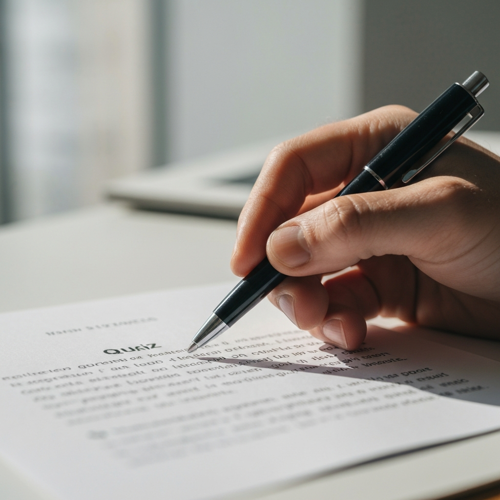 Close-up of a hand holding a pen, hovering over a printed quiz. The paper has a subtle texture. Soft natural light from a window illuminates the hand and the quiz. The background is blurred, focusing on the detailed texture of the paper and the pen.