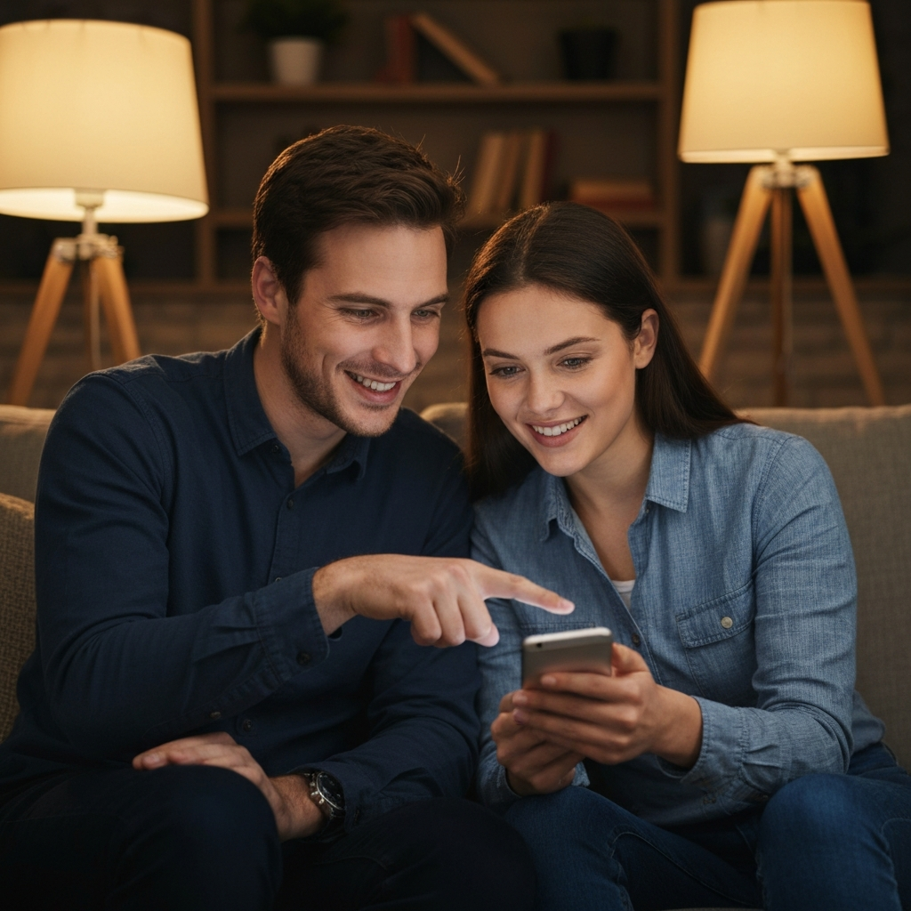 Two friends sitting side-by-side on a sofa, looking at a phone screen together. One is pointing at the screen with a manicured finger. The room is warmly lit with lamps, creating a comfortable, informal setting. The sofa has a soft, inviting texture.