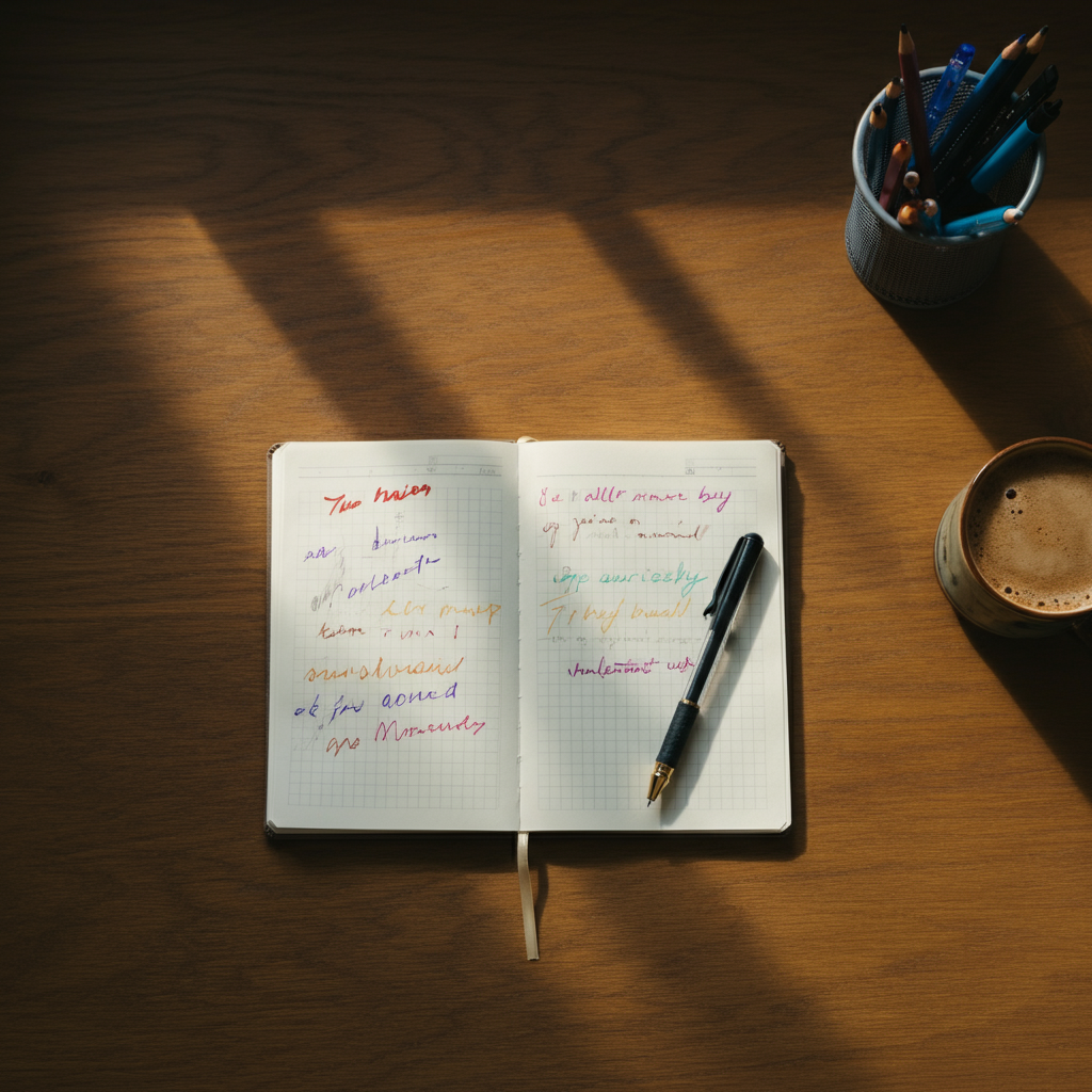 Overhead shot of a notebook and pen on a wooden desk. The notebook is open, and several words and phrases are scrawled across the page in different colored inks. Soft, diffused window light illuminates the workspace.