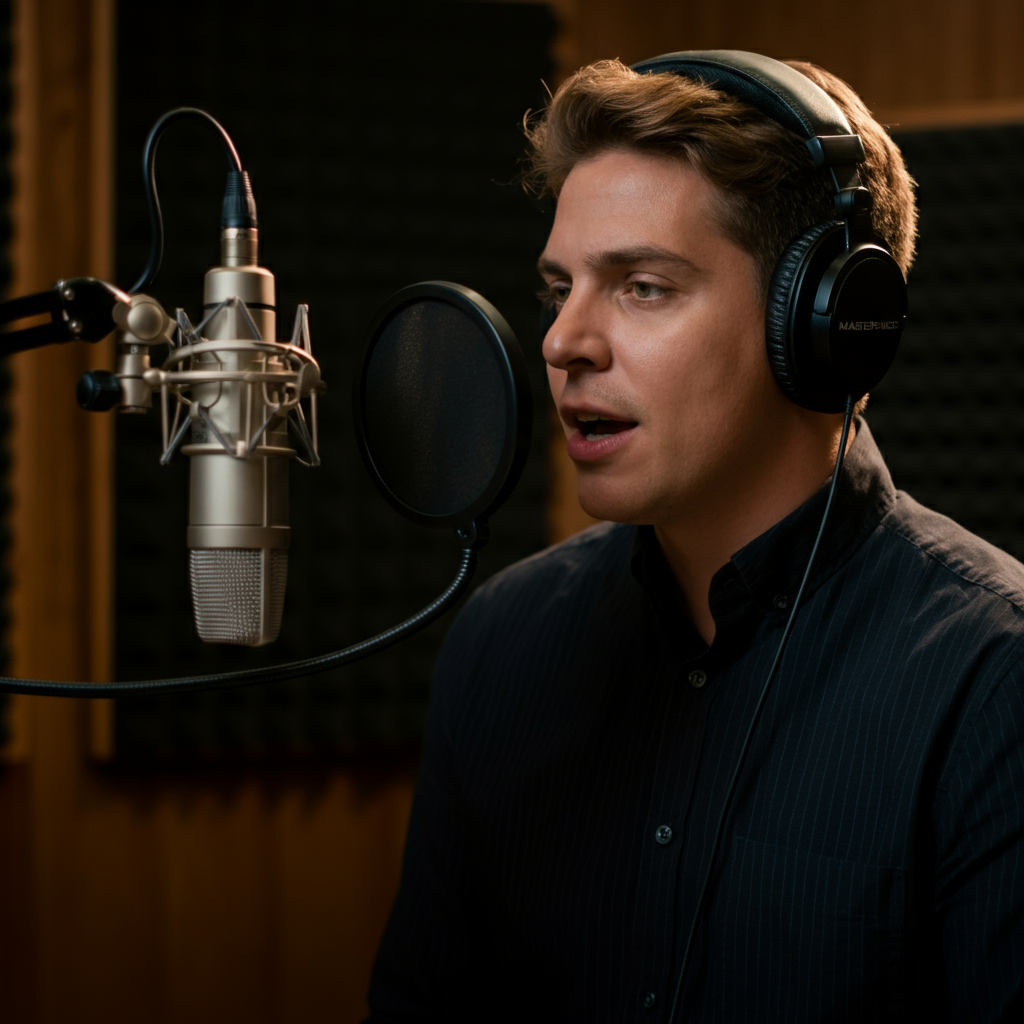 A person speaking into a microphone in a well-lit recording studio. They are wearing headphones and have a focused expression. Sound dampening panels are visible in the background.