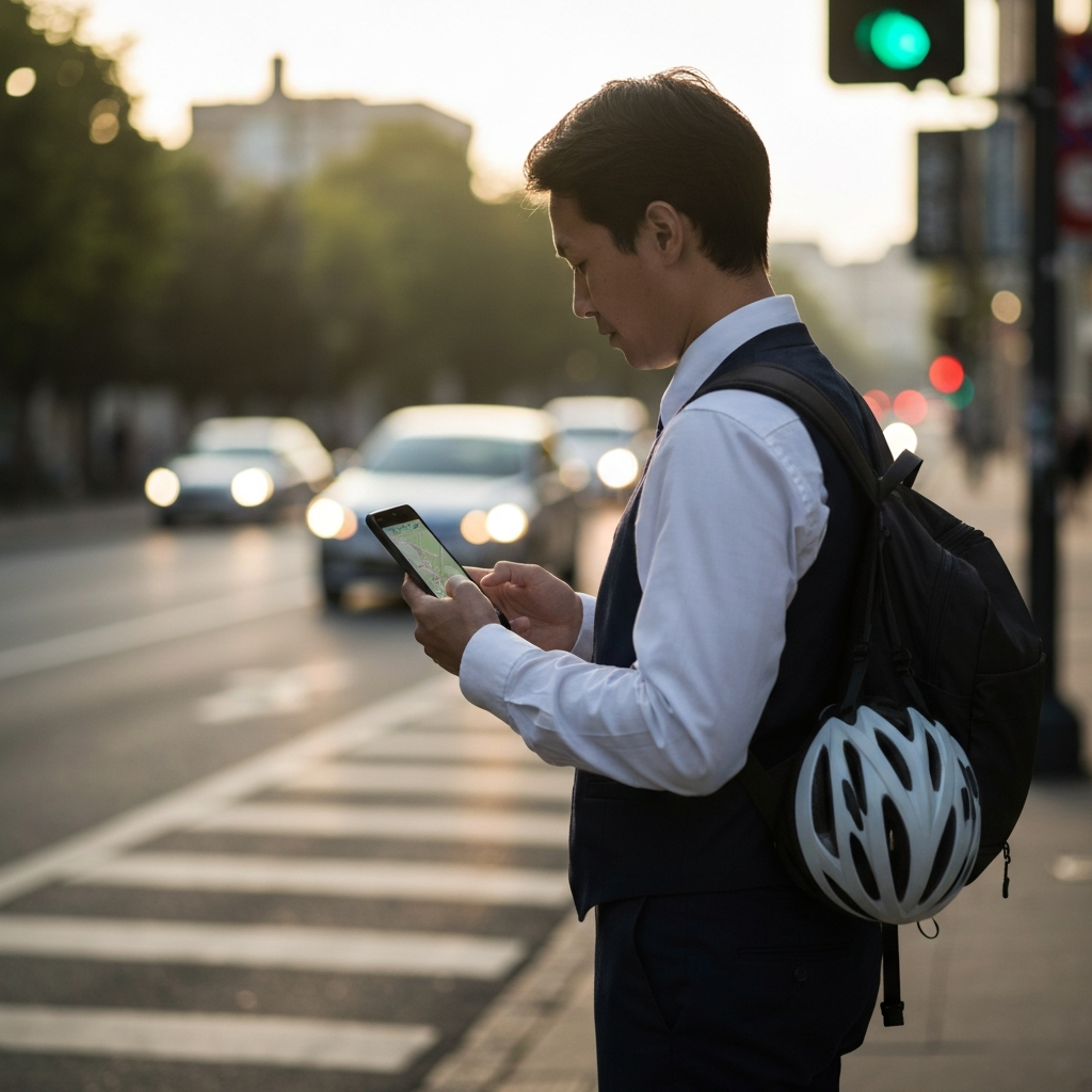 A person in business casual attire stands on a street corner, looking at a smartphone with a map displayed. Soft morning light illuminates the scene. A bicycle helmet is clipped to their backpack. Gentle bokeh from passing cars in the background.