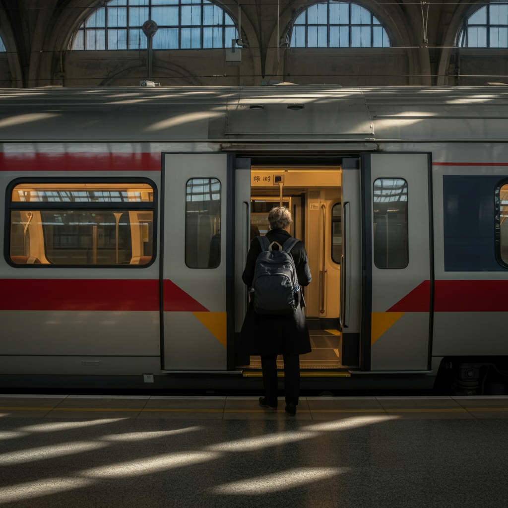 A well-lit, modern train station platform. A commuter wearing a backpack is boarding a train. Natural light streams in through large windows, casting soft shadows. The train doors are slightly ajar, showing the interior filled with blurred figures.