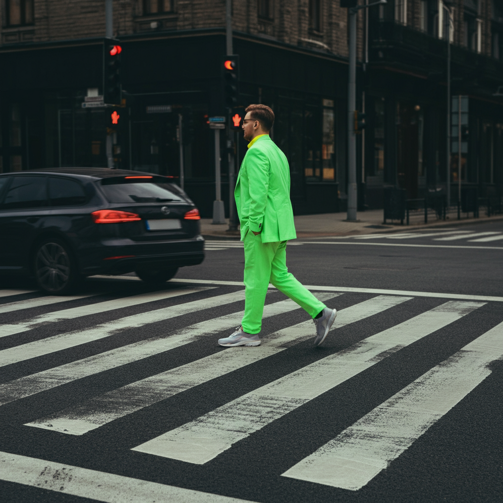 A pedestrian wearing brightly colored clothing is crossing a busy street at a crosswalk. A car is stopped, waiting for the pedestrian to safely cross. The crosswalk is clearly marked with painted lines. The scene is captured during daylight hours with good visibility.