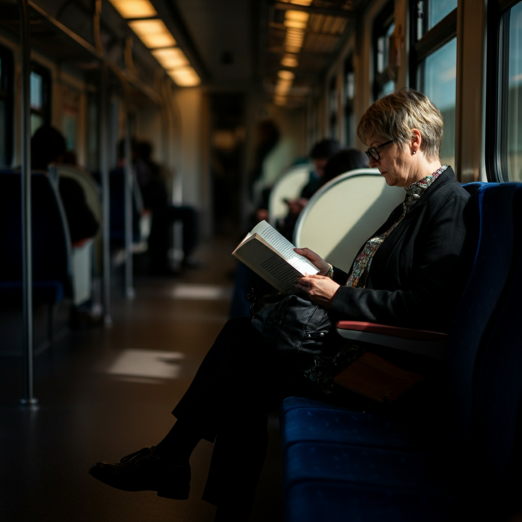 A person sitting on a train, calmly reading a book. The train is slightly delayed, but the passenger appears relaxed and unbothered. Soft light filters through the train window, illuminating the book. Other passengers are visible in the background, some using their phones.