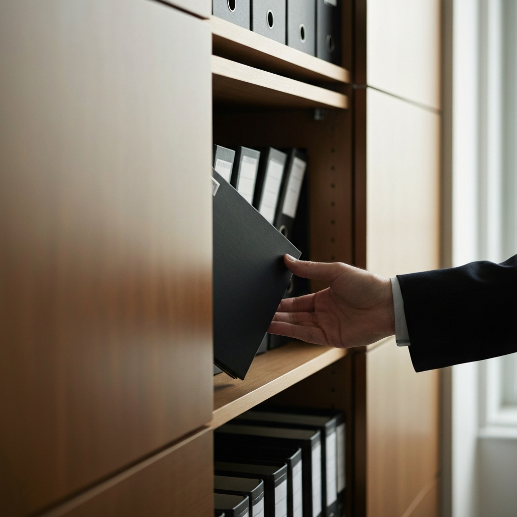 A neatly organized filing cabinet in a modern office, slightly ajar, with a hand reaching inside to retrieve a file. Shallow depth of field, focusing on the file and the hand, with the rest of the cabinet blurred. Warm, indirect light.