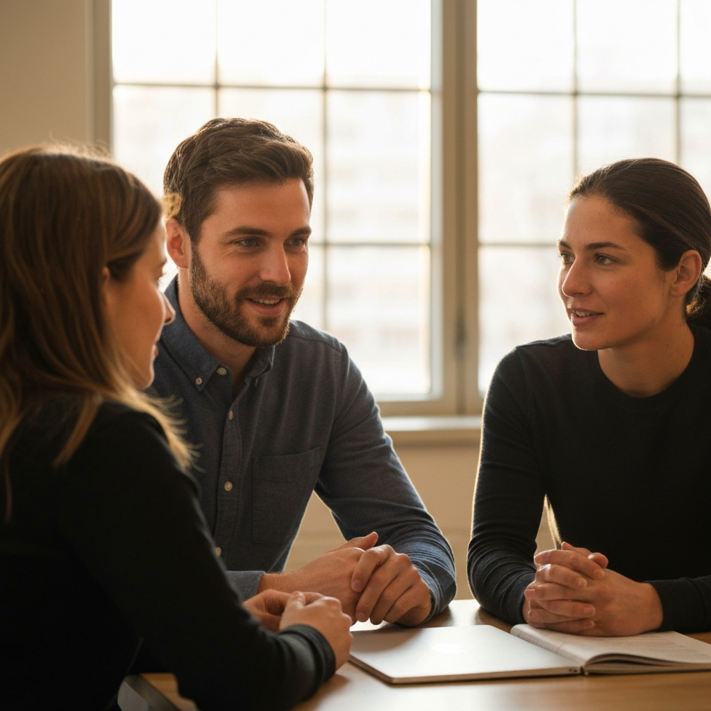 Two colleagues engaged in a quiet conversation in a well-lit office break room. The focus is on their facial expressions, conveying a sense of trust and shared understanding. Soft, natural light filtering through a window.