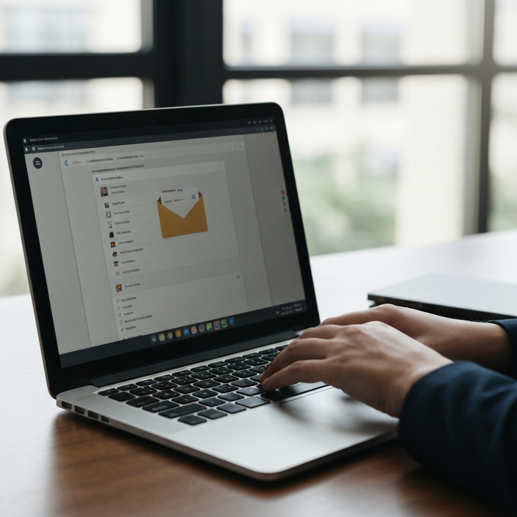 A laptop on a desk in a modern office, with a hand typing on the keyboard. The screen displays an email composition window. The background is slightly blurred, creating a sense of focus on the task at hand. Natural light from a window.