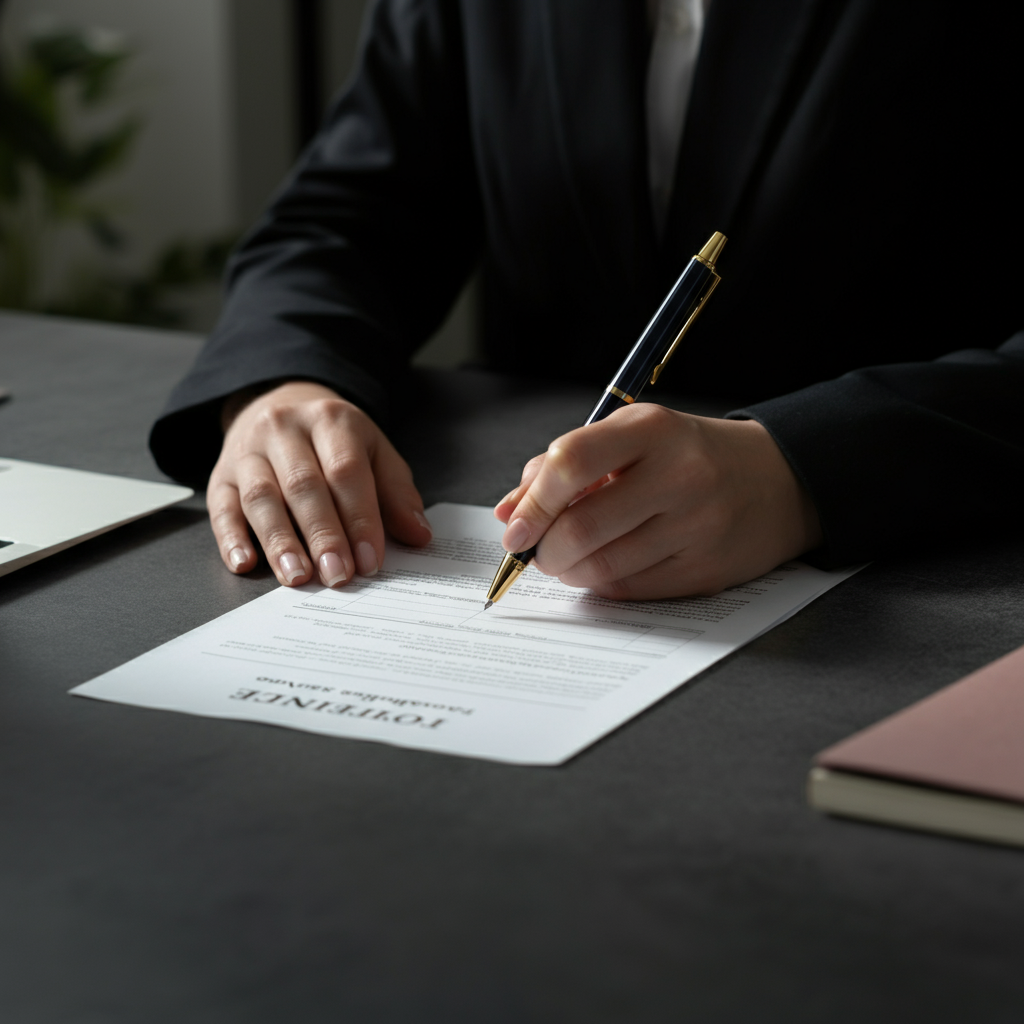A hand filling out a grievance form on a desk, with a pen in hand. The form is partially visible, showing sections for personal information and a description of the grievance. The background is a tidy office environment. Soft, even lighting.
