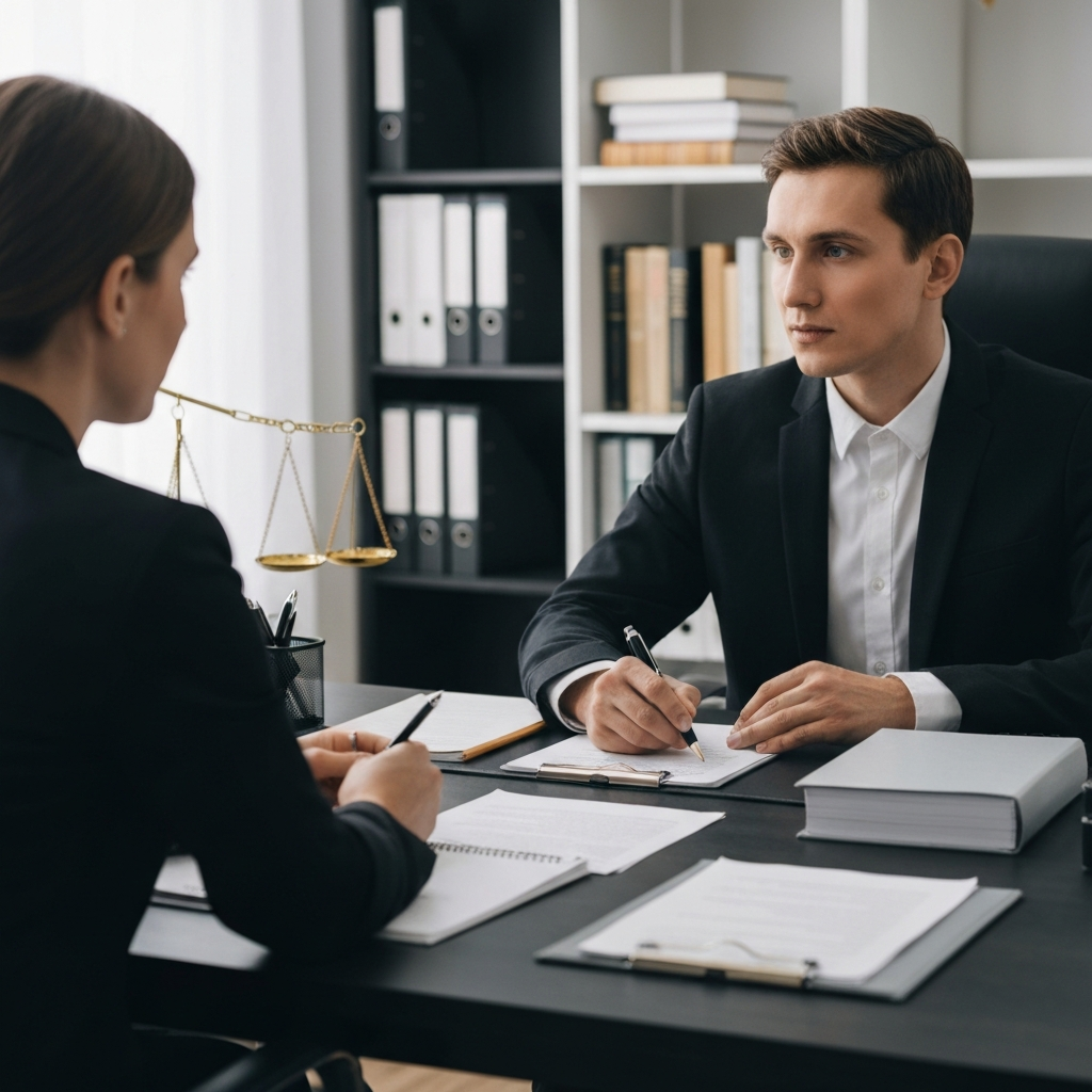 An attorney sitting at a desk in their office, listening attentively to a client. The office is well-lit and professional, with legal books and documents in the background. The focus is on the interaction between the attorney and client, conveying a sense of trust and understanding.