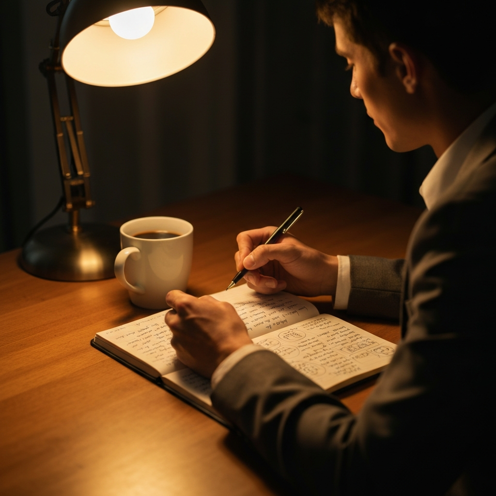 Close-up shot of a person sitting at a wooden desk, illuminated by a warm lamp. They are holding a pen and a notebook filled with handwritten notes and doodles, with a mug of coffee beside them. Soft focus on the background.