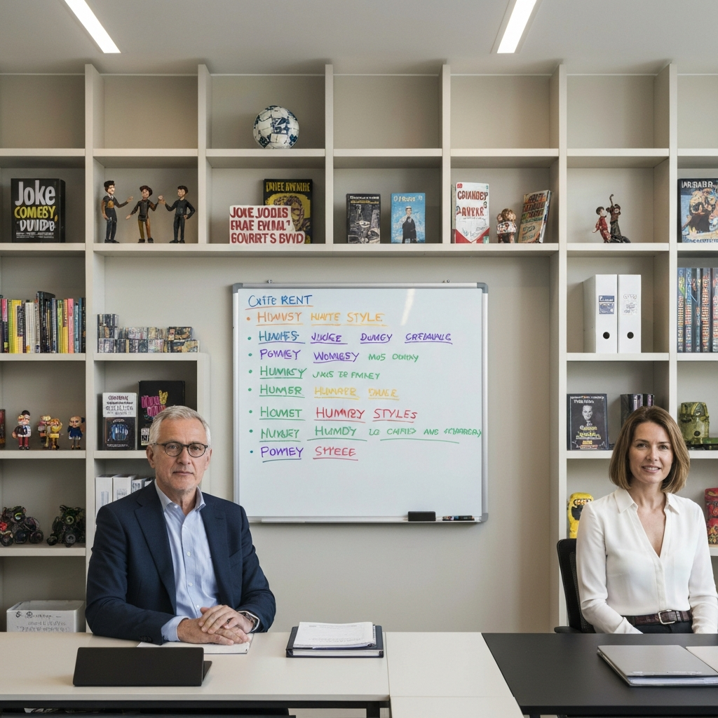 A brightly lit office with various humor-related items on shelves, such as joke books, comedy DVDs, and figurines. A whiteboard displays a list of different humor styles written in colorful markers.