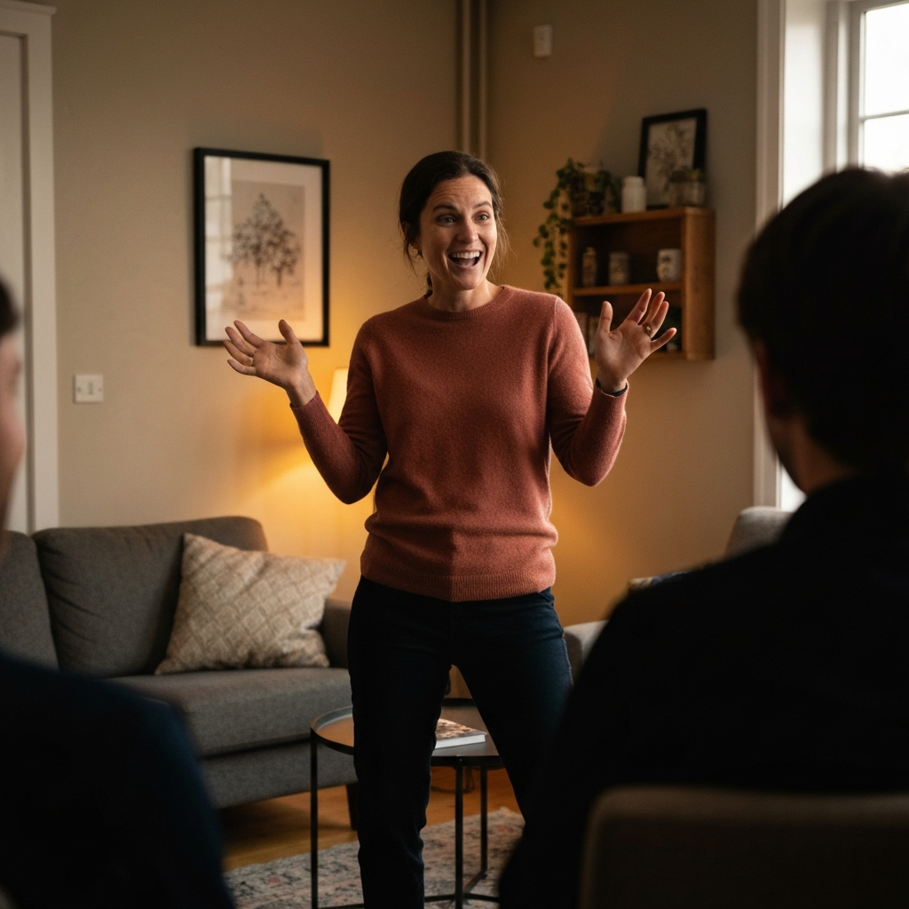 A person standing in a warmly lit living room, playfully gesturing with their hands while telling a humorous story to a friend off-camera. The room is decorated with cozy furniture and personal touches.