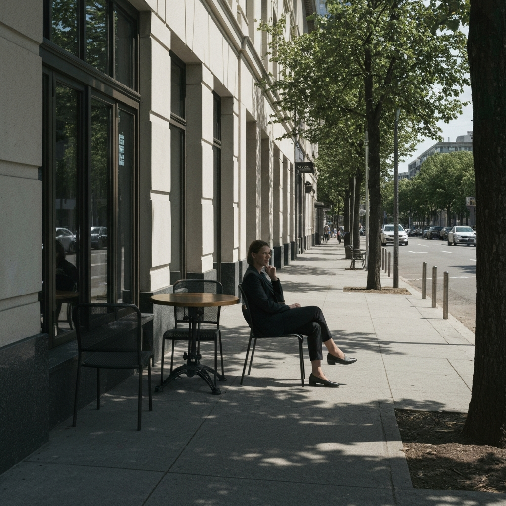 A person sitting at a cafe table, observing the passersby with a thoughtful expression. Sunlight filters through the trees, creating dappled shadows on the sidewalk.