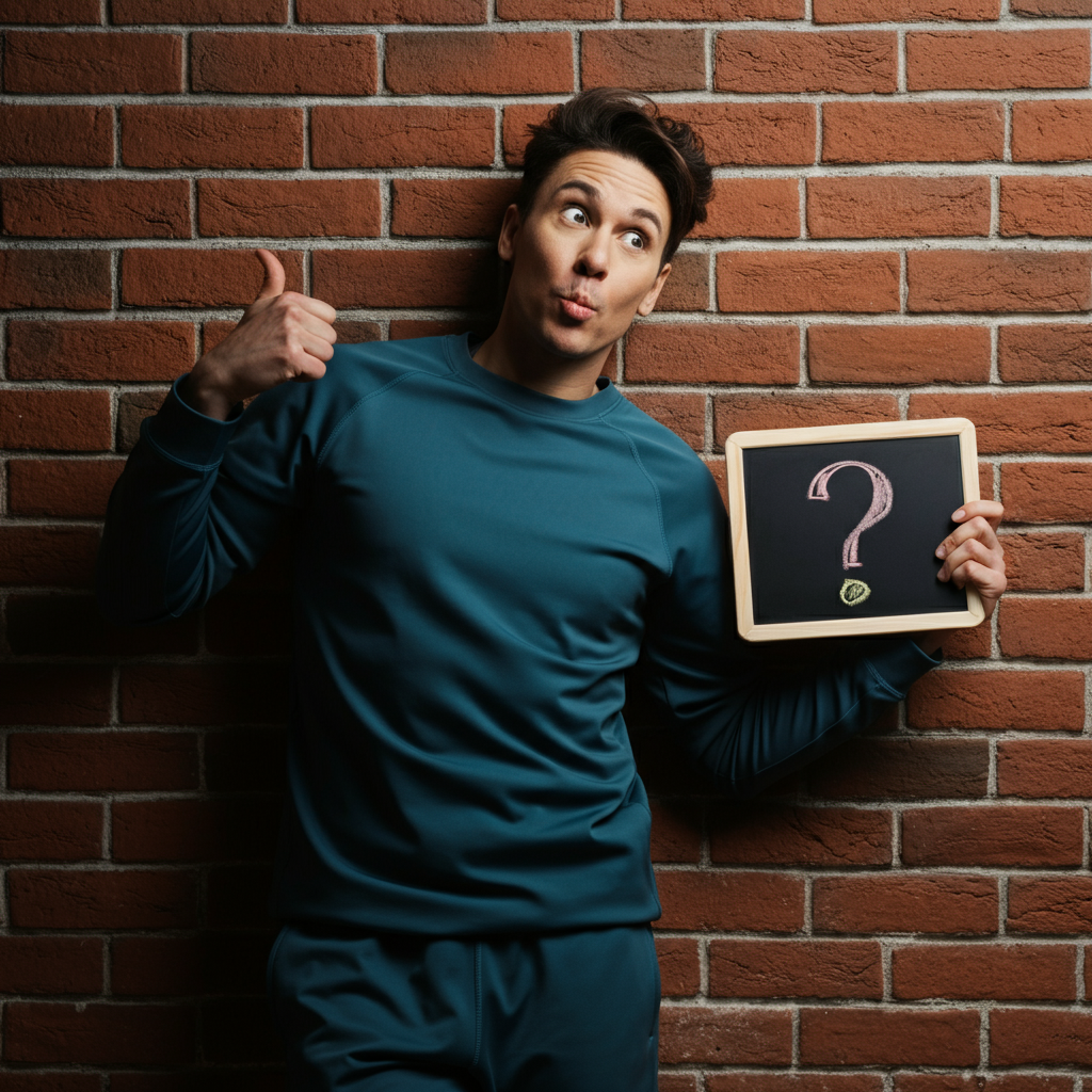 A person leaning against a brick wall with a playful expression, holding a small chalkboard with a question written on it in colorful chalk. The lighting is soft and diffused, creating a warm and inviting atmosphere.