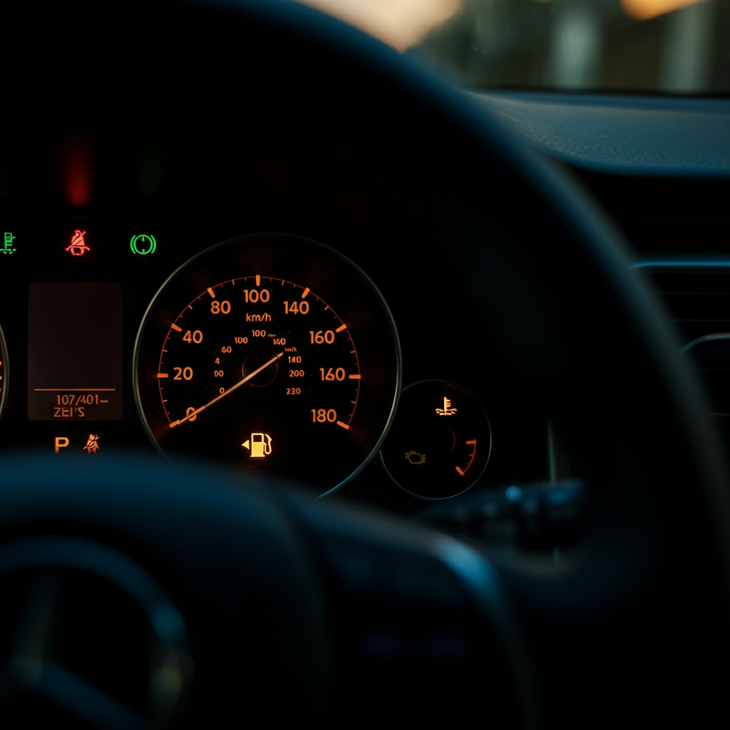 Close-up shot of a car dashboard with the low fuel warning light illuminated. Soft, diffused light highlights the instrument panel.