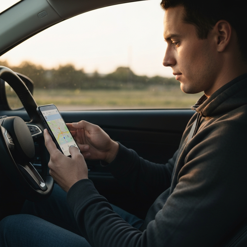 A driver sitting in their car, consulting their smartphone's GPS for their location. The lighting is soft and even, emphasizing the phone screen and the driver's focused expression.