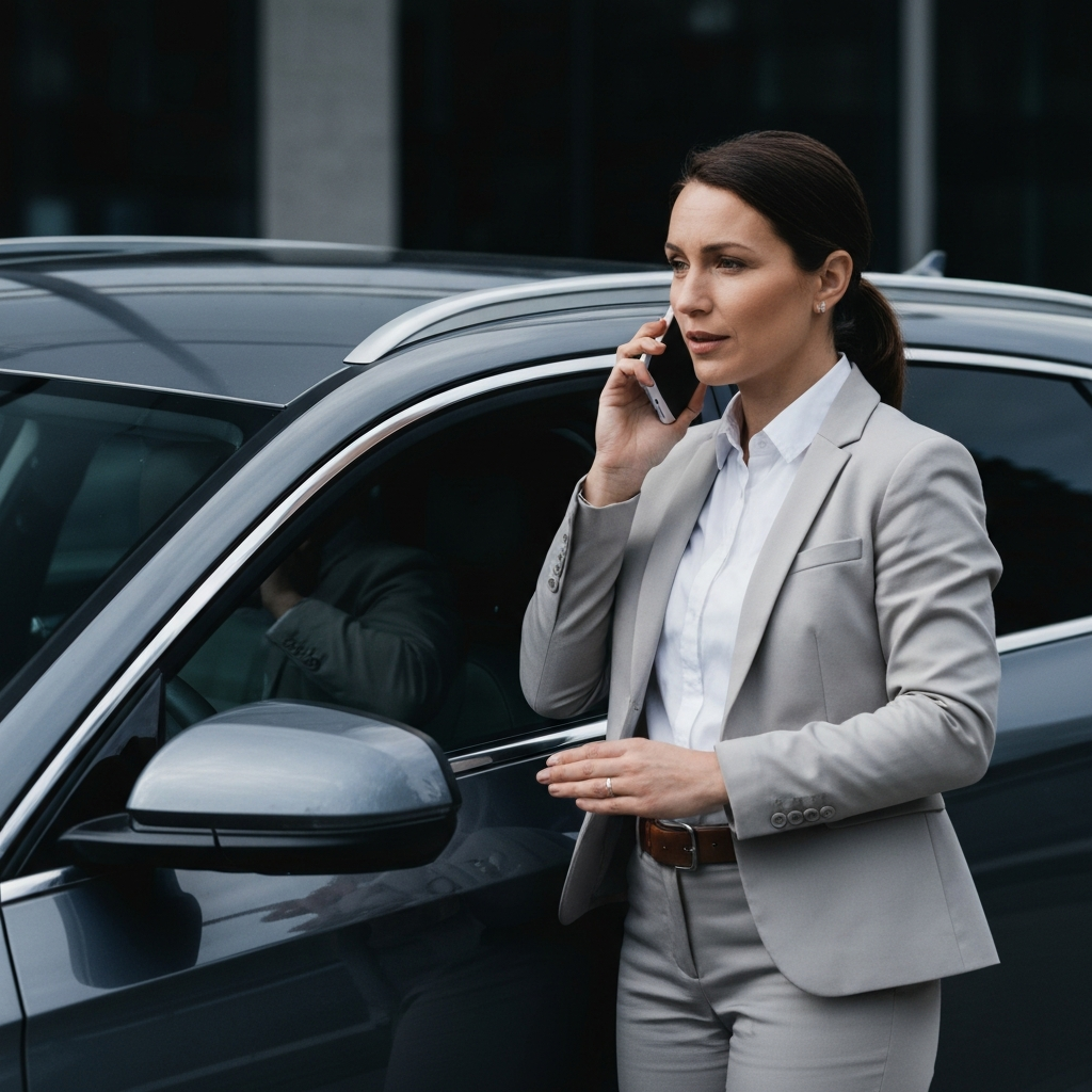 A person standing next to their car, talking on a cell phone. They appear calm and are gesturing to the car while speaking. The background is slightly blurred, focusing attention on the person and the vehicle.