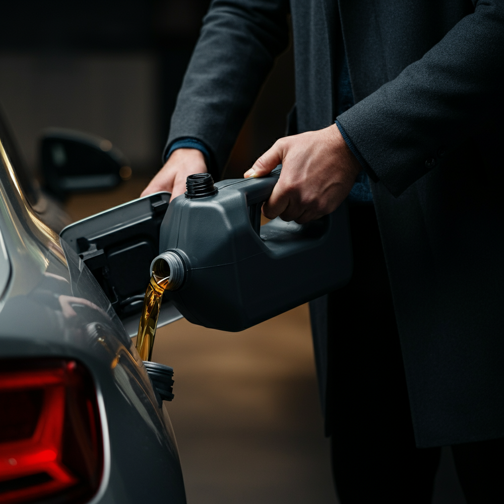 Close-up shot of hands carefully pouring gasoline from a gas can into the fuel tank of a car. The lighting is bright and focused, highlighting the texture of the gas can and the fuel filler neck.