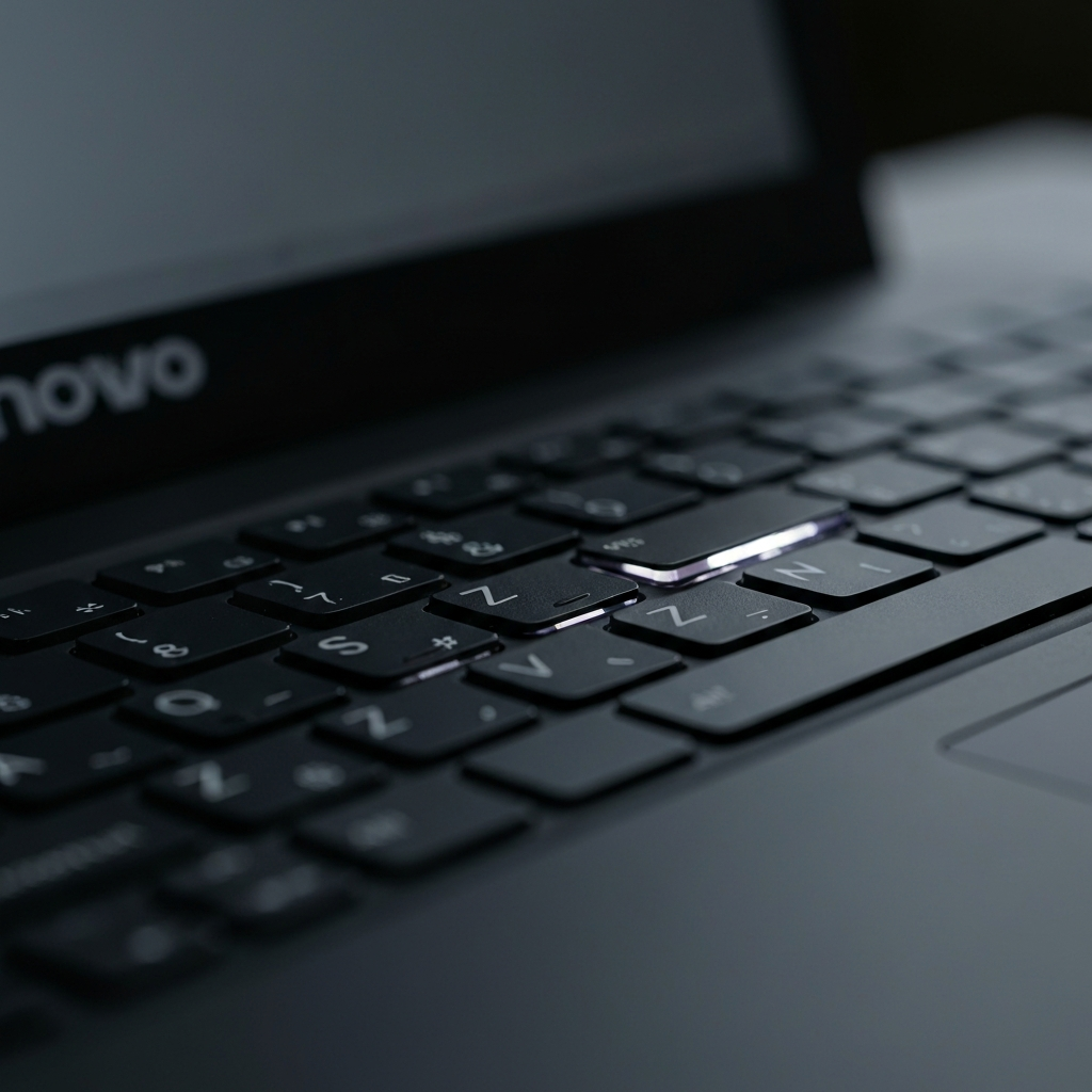 A close-up of a Lenovo laptop keyboard in soft focus. The spacebar is sharply in focus, showcasing the backlight icon clearly. The ambient light is dim, casting subtle shadows on the keys.