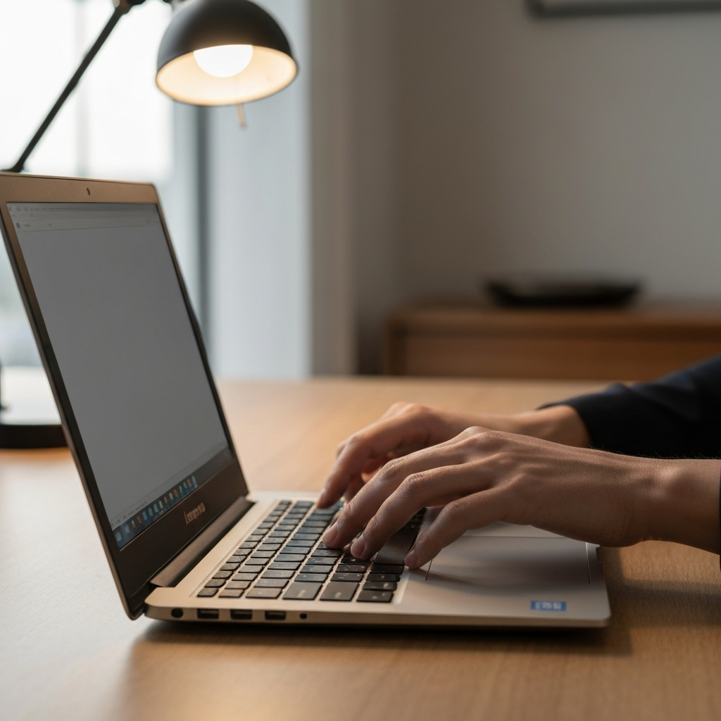 A pair of hands gently pressing the Fn and Spacebar keys on a Lenovo laptop. The room is softly lit from a nearby desk lamp, creating a warm and inviting atmosphere. The hands are well-manicured, and the laptop has a clean, professional appearance.