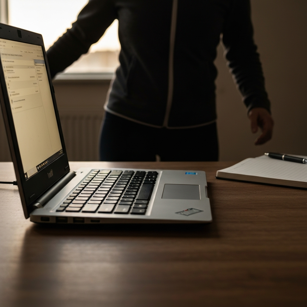 Side profile of an older ThinkPad laptop with the screen slightly open. The ThinkLight is emitting a soft white glow onto the keyboard. The laptop is sitting on a wooden desk with a notebook and pen beside it, capturing a classic study scene.