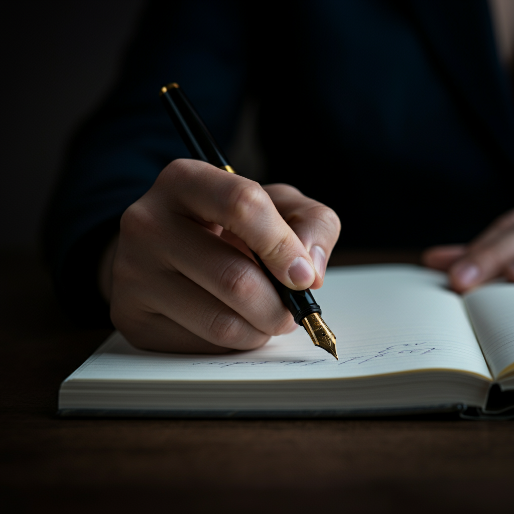 A close-up shot of a hand writing on a legal pad with a fountain pen. The handwriting is neat and legible. Soft, diffused light illuminates the page.