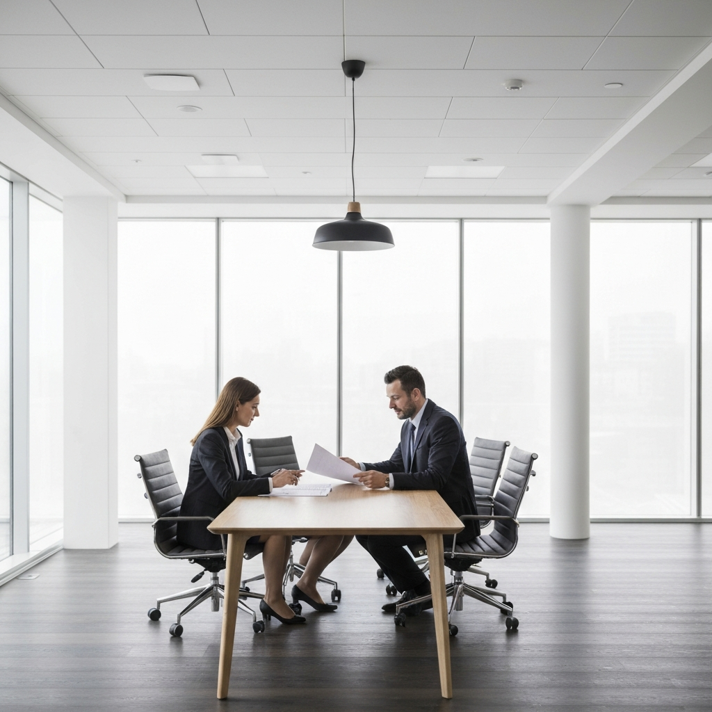 A professional setting with two people in business attire discussing a document at a conference table. The room is brightly lit, and the focus is on their collaborative interaction.