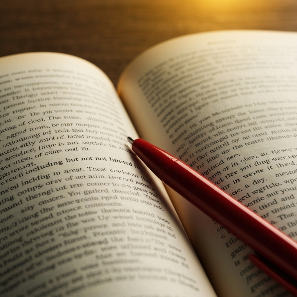 An open book with a red pen marking a sentence containing the phrase "including but not limited to." The page is slightly aged, suggesting a well-used grammar reference.