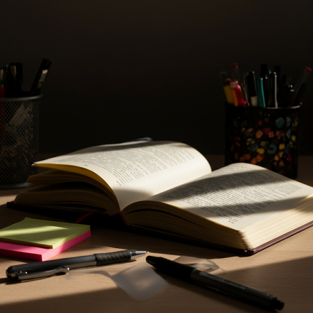 A thesaurus lying open on a desk, surrounded by pens and sticky notes. The lighting is warm and inviting, suggesting a writer's workspace.