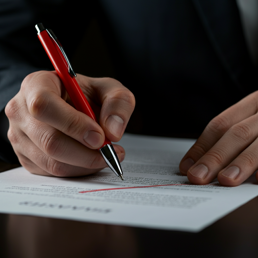 A hand holding a red pen, crossing out a sentence on a document. The document is slightly blurred in the background, emphasizing the error being corrected.