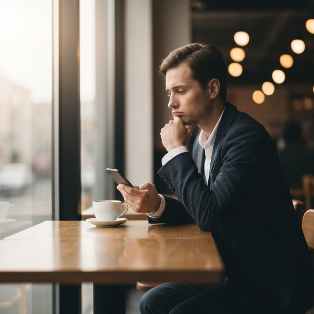 A person sitting alone at a table in a coffee shop, looking at their phone with a slightly disappointed expression. The lighting is soft and diffused, creating a warm, inviting atmosphere. The background is blurred with soft bokeh.