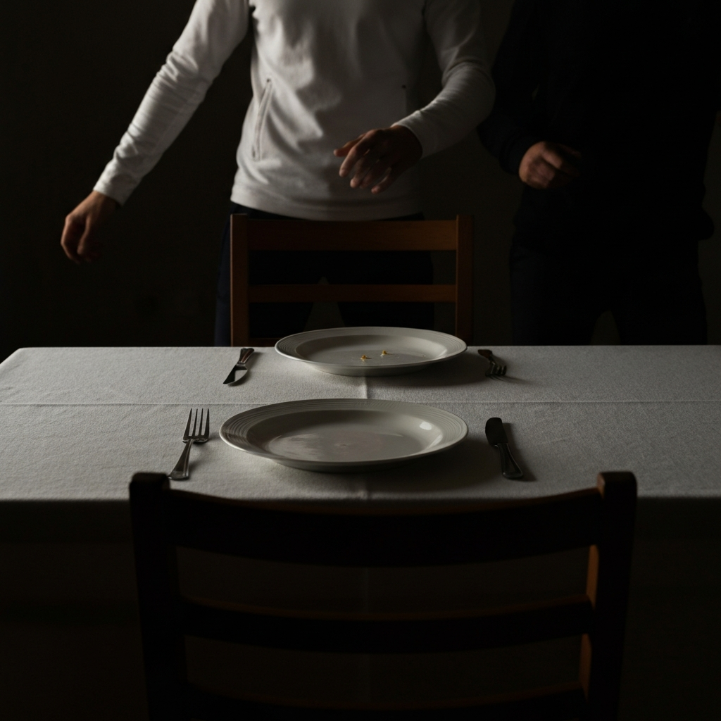 An empty chair at a dinner table set for two, with one plate untouched. The scene is dimly lit, creating a somber and lonely atmosphere. The focus is on the texture of the tablecloth and the untouched food.