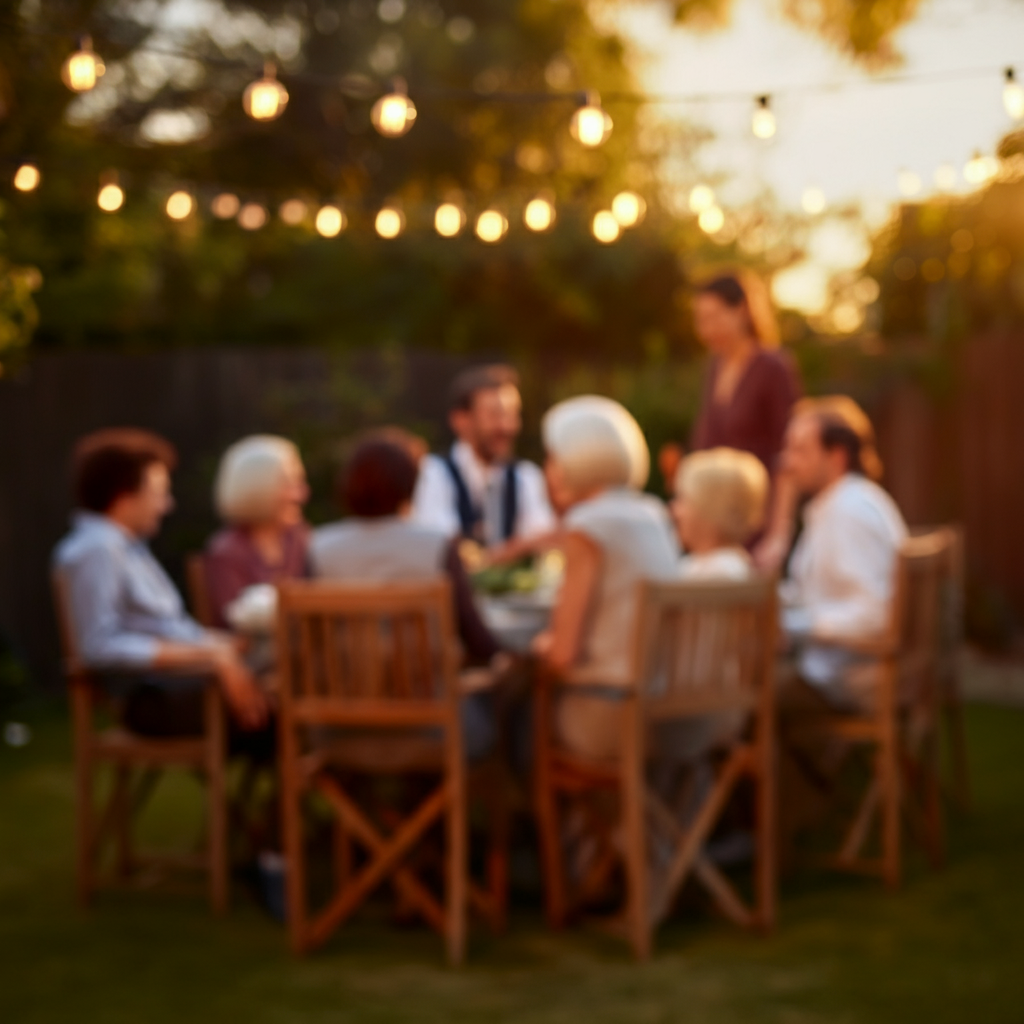 A blurry shot of a family gathering in a backyard, the focus is on the laughter and interaction of the group from a distance. The lighting is golden hour, casting a warm glow over the scene. A single figure stands slightly apart.